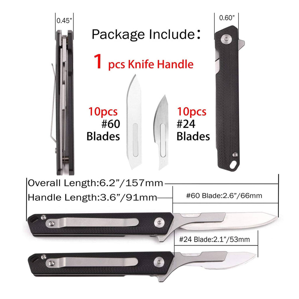 Slim folding knife set with black handle and multiple spare blade inserts shown