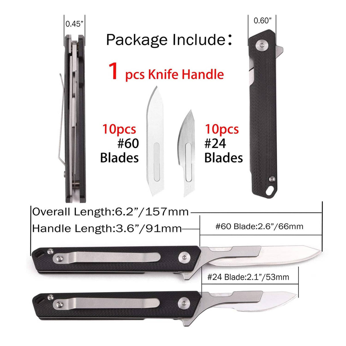 Slim folding knife set with black handle and multiple spare blade inserts shown