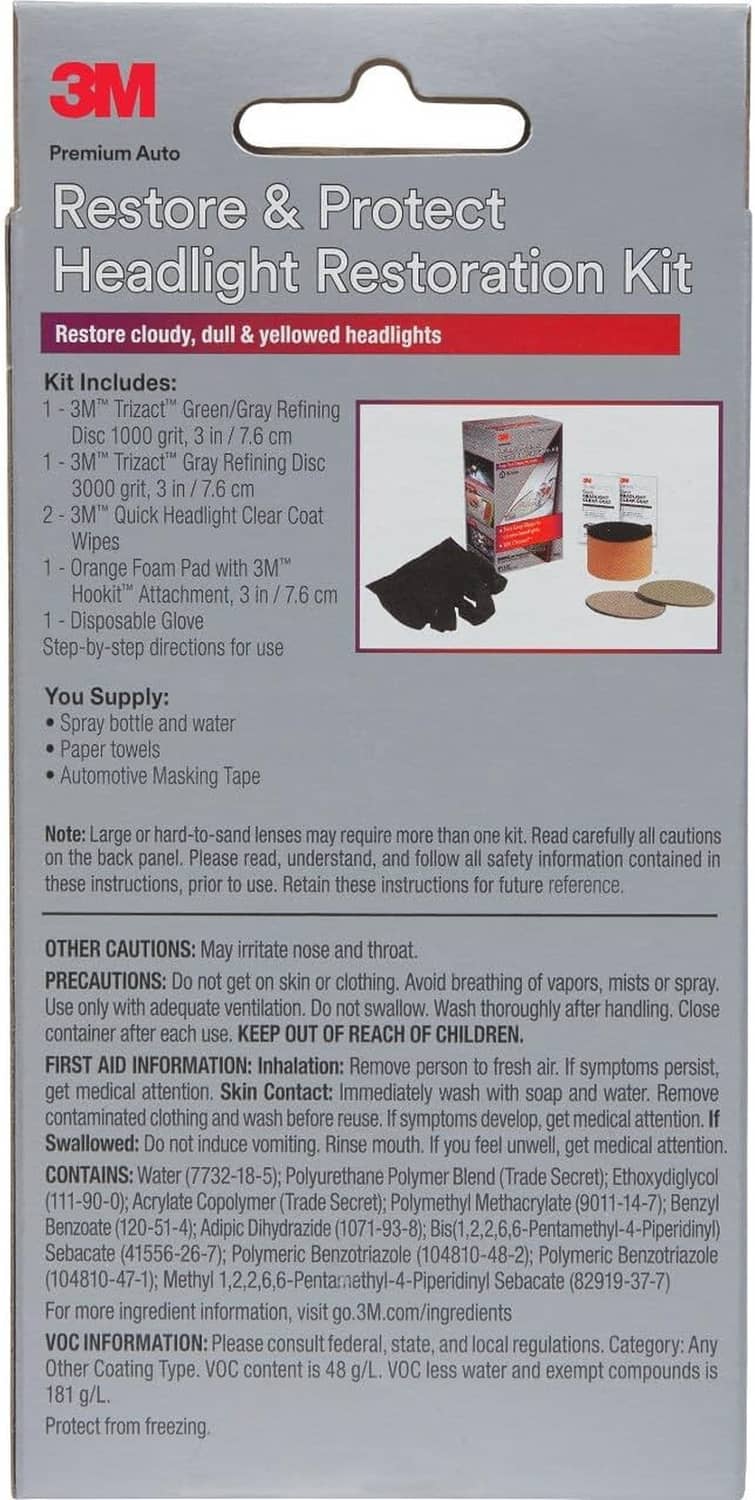 3M Restore & Protect headlight restoration kit back panel with kit contents and instructions