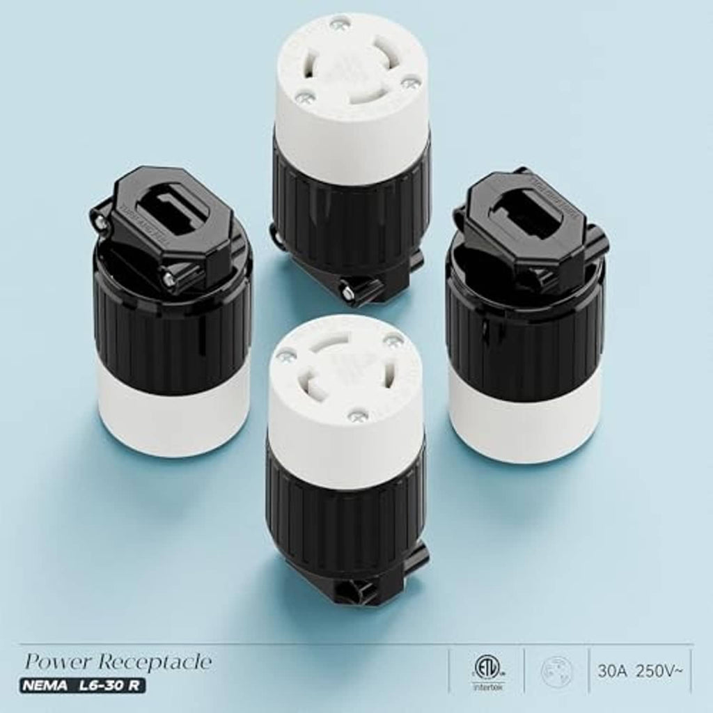 Twist-lock NEMA L6-30R receptacle set with white tops and black bases