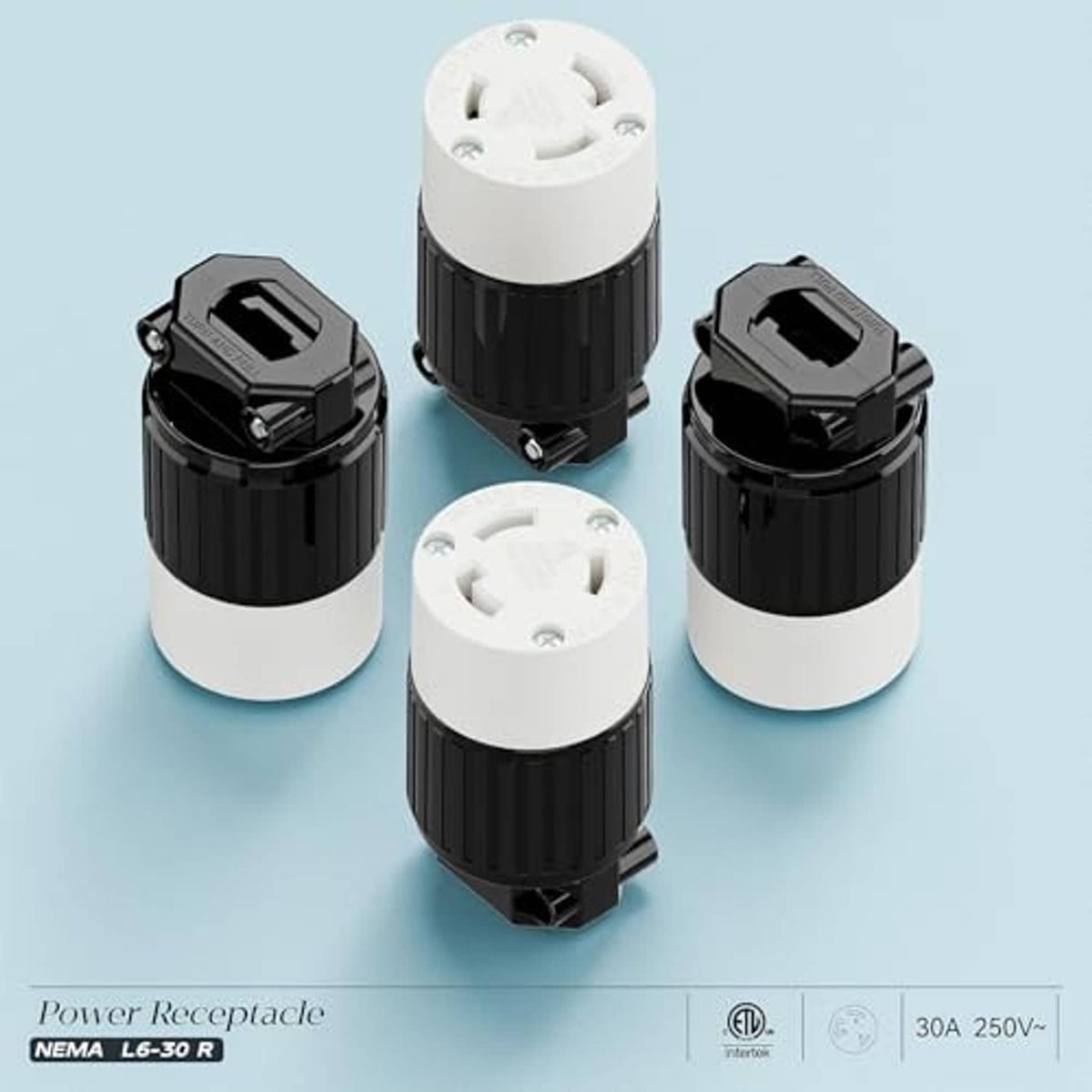Twist-lock NEMA L6-30R receptacle set with white tops and black bases