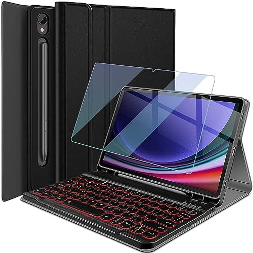 Black backlit keyboard case with transparent cover and slim fold stand for a tablet