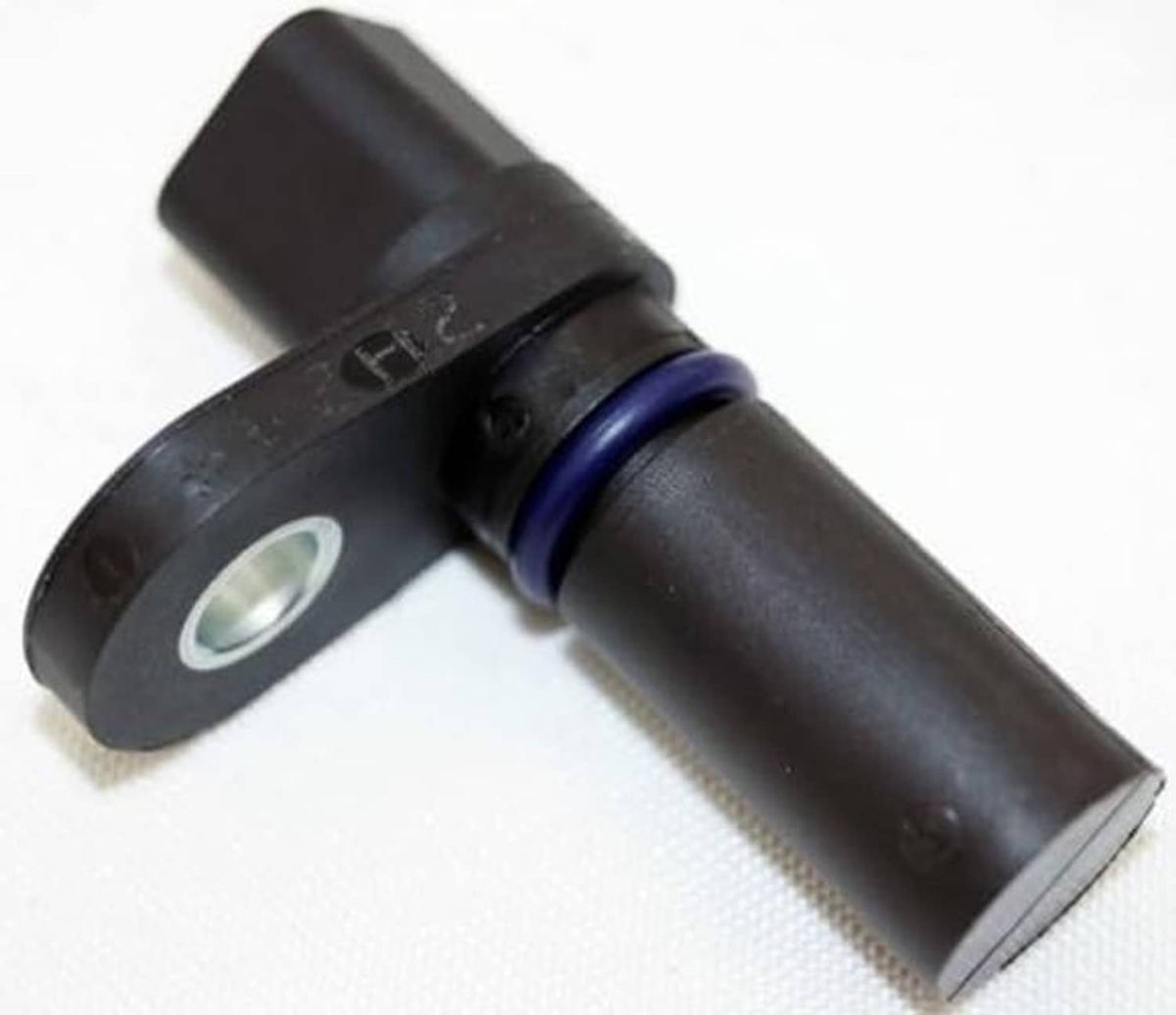 Camshaft position sensor with mounting bracket and blue seal ring on black housing