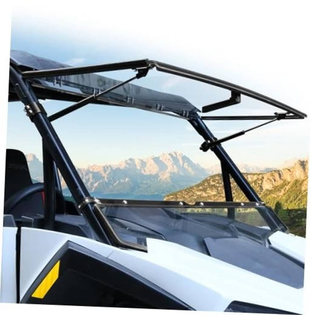 UTV flip windshield with black frame and clear tinted panel over the front cabin
