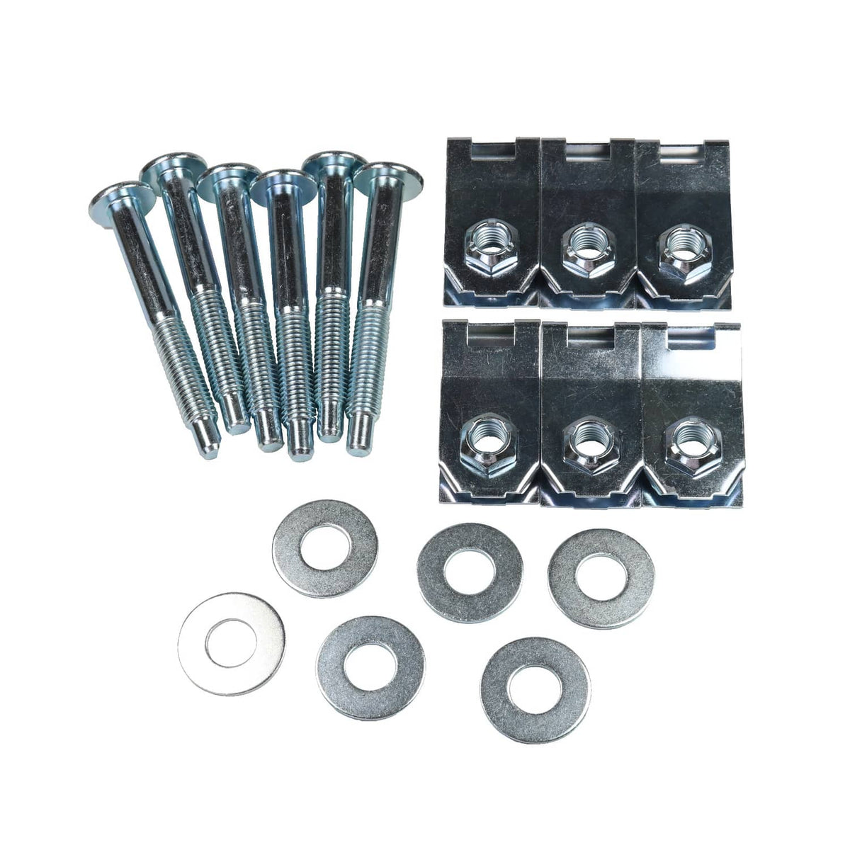Truck bed mounting hardware kit with zinc bolts, black clips, and round flat washers