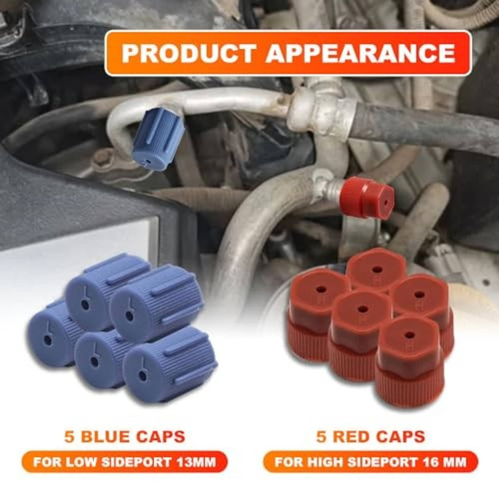 Assorted red and blue ribbed plastic AC service port caps on metal hoses in vehicle engine bay.