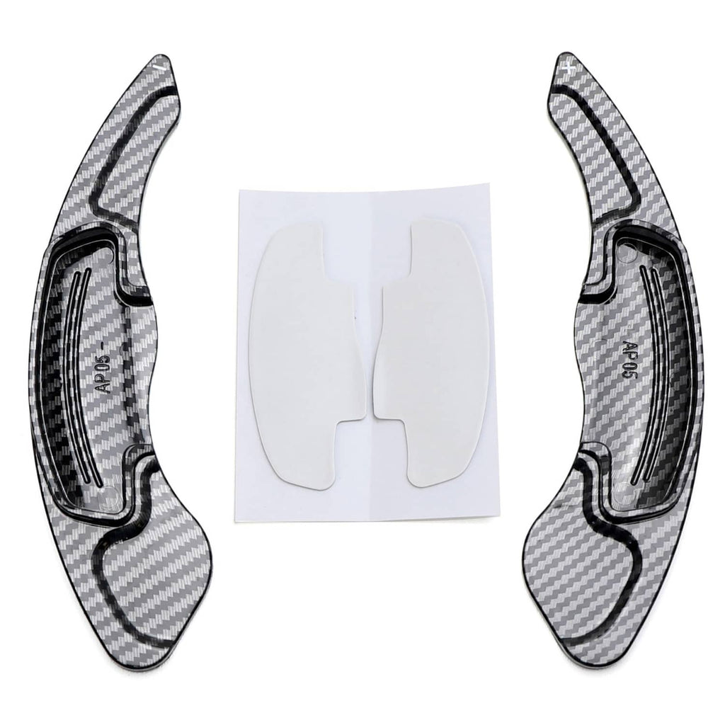 Carbon fiber-style steering wheel paddle shift covers with adhesive backing, pair