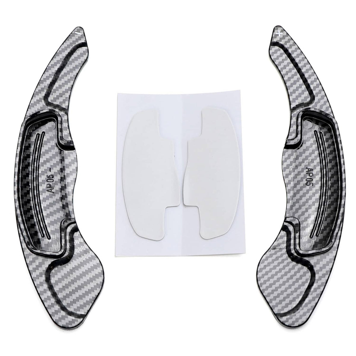 Carbon fiber-style steering wheel paddle shift covers with adhesive backing, pair