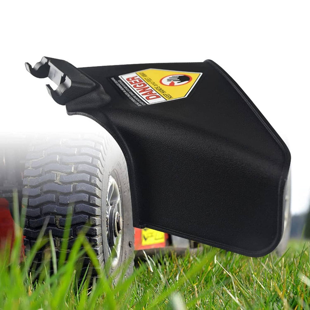 Black side discharge chute close-up with yellow warning label and mounting end tabs