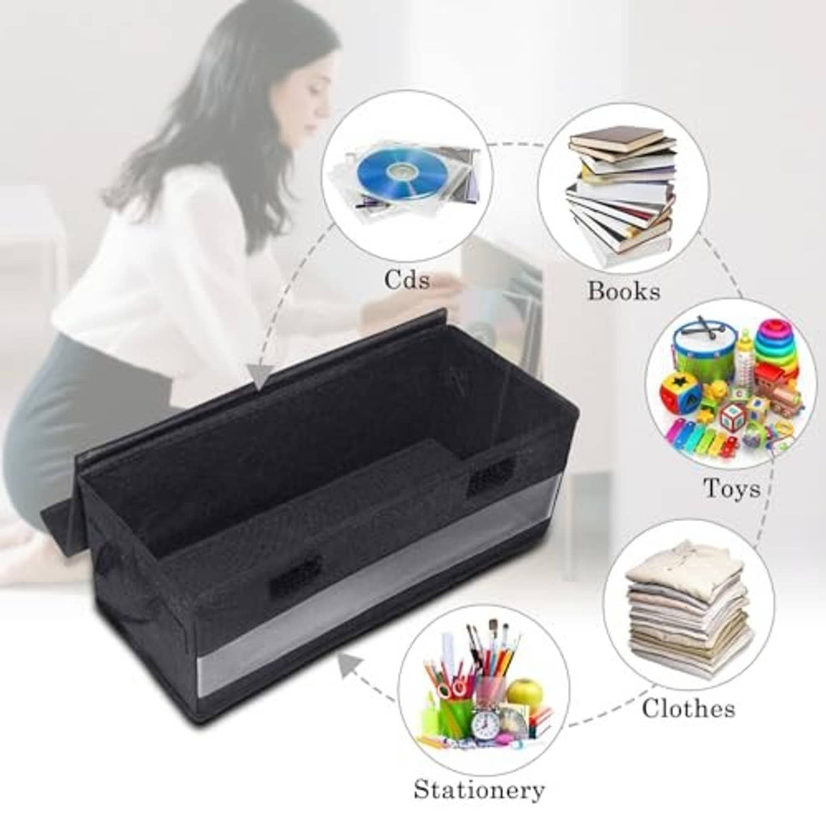 Black media storage box with clear window, open lid and internal compartment