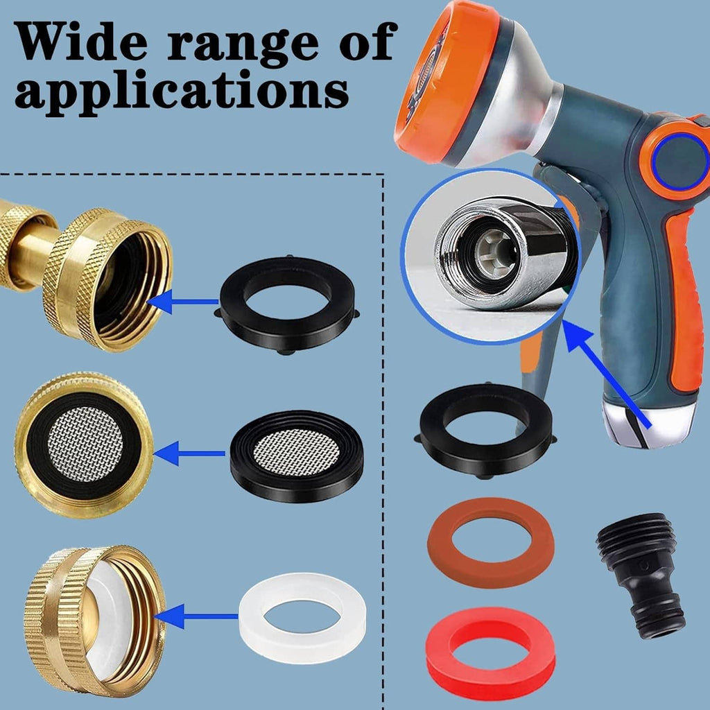 Garden hose nozzle gasket set with black and red ring washers and mesh screens
