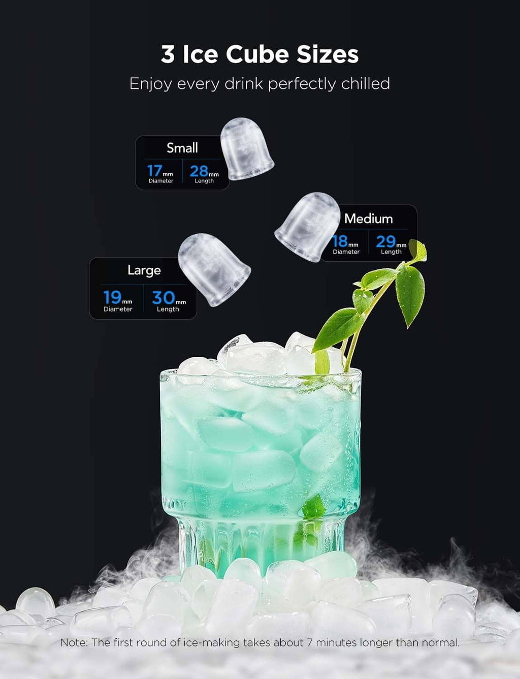 Ice maker producing small, medium, and large ice cubes for drinks