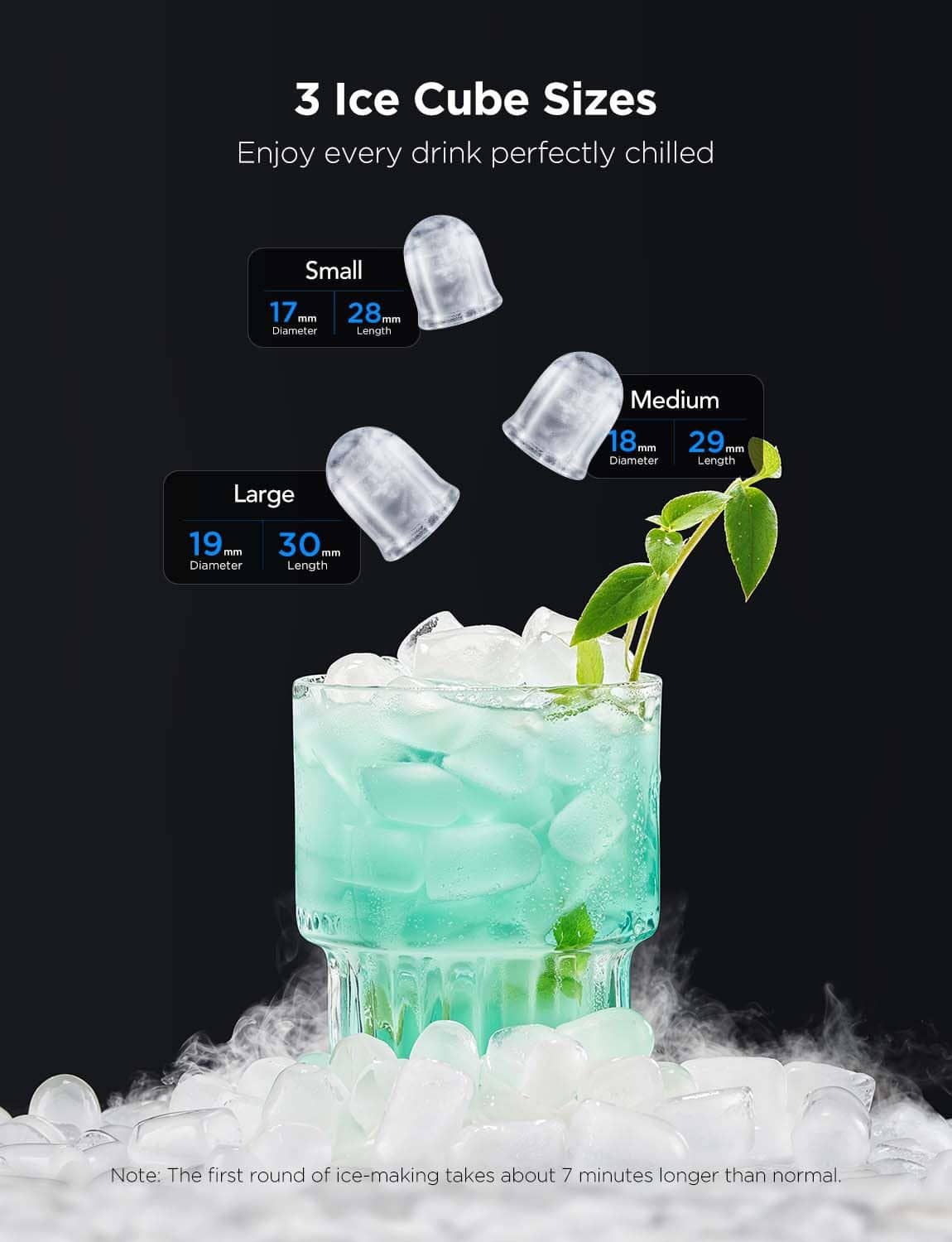 Ice maker producing small, medium, and large ice cubes for drinks
