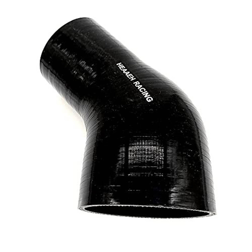 Black silicone elbow reducer hose, close view of one open end, “HEEAH RACING” text