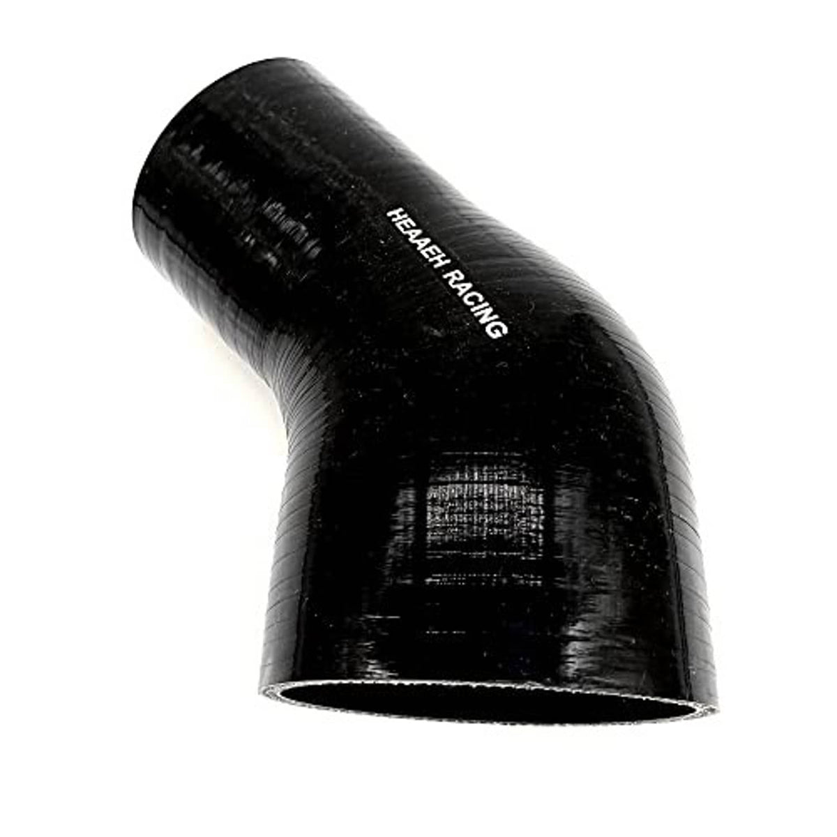 Black silicone elbow reducer hose, close view of one open end, “HEEAH RACING” text
