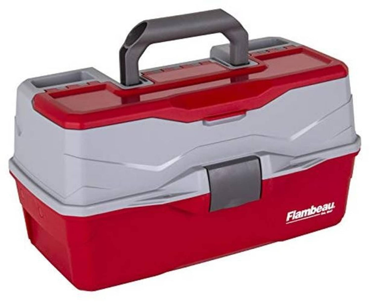 Red and gray 3-tray tackle box with handle, side latch, and Flambeau logo