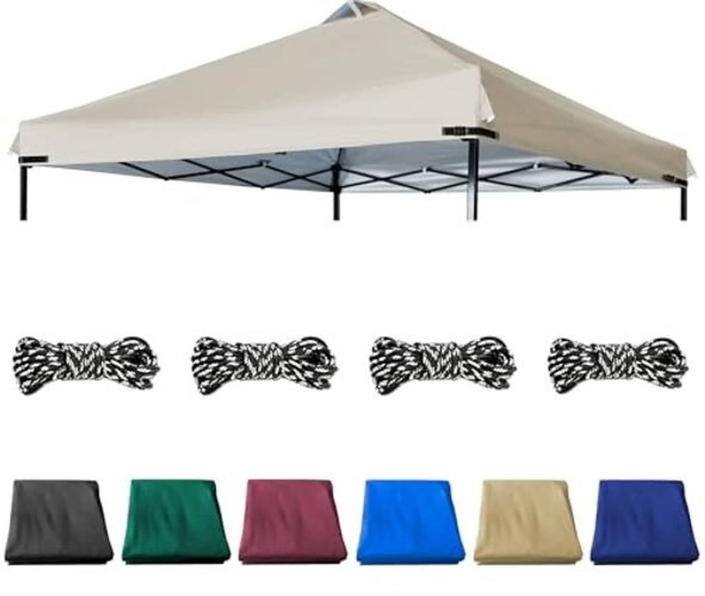 Beige canopy replacement top with color swatches and black patterned tie pieces