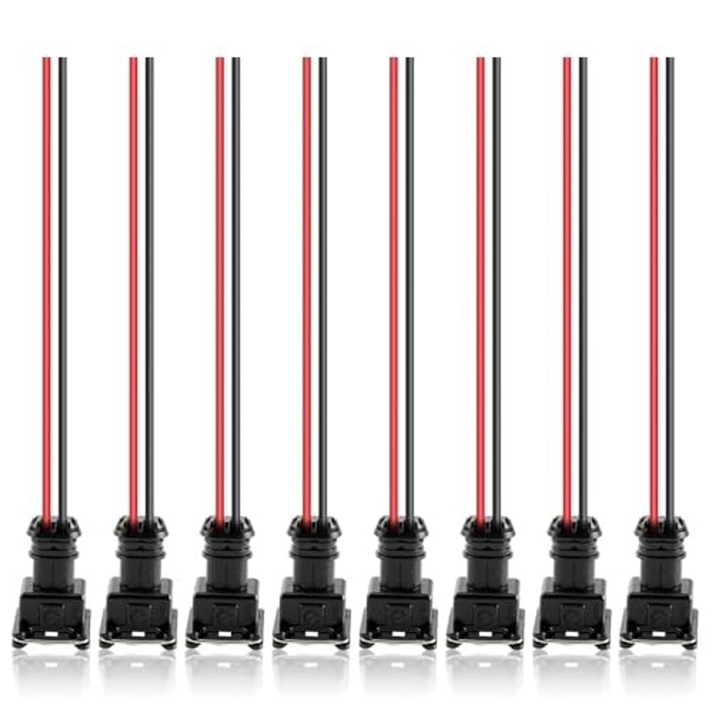 Fuel injector pigtail harness with eight black connector plugs and red/white leads