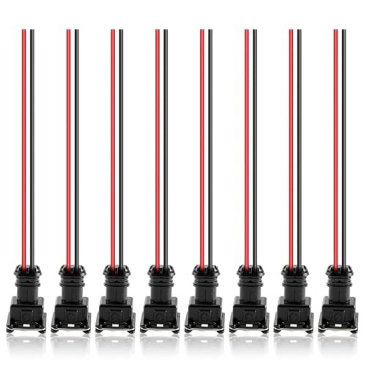 Fuel injector pigtail harness with eight black connector plugs and red/white leads