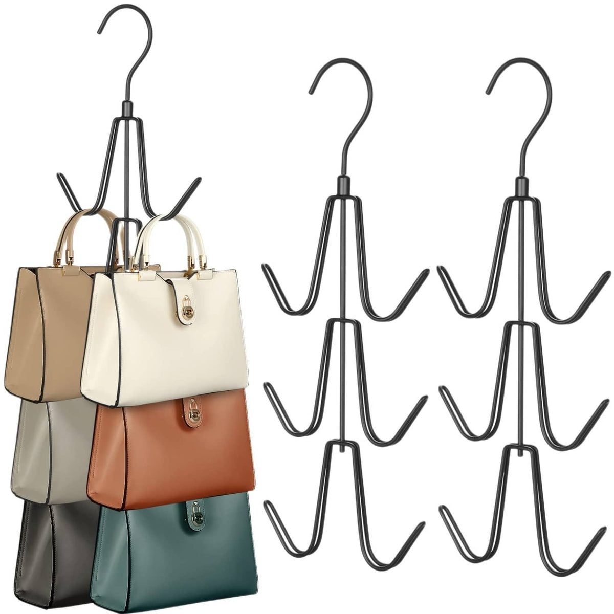 Black metal purse hanger organizer with five curved hooks and rotating top bar