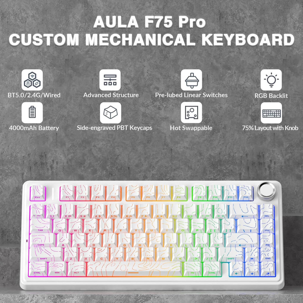 Front view of white 75% mechanical keyboard with knob and RGB backlit layout