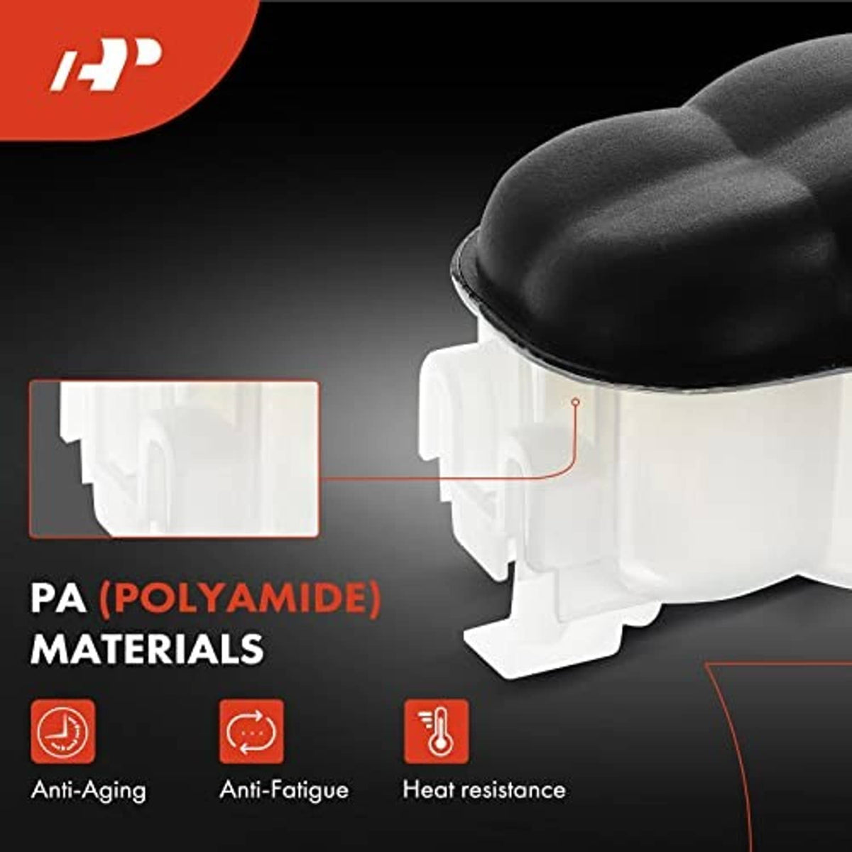 Close-up of engine coolant reservoir tank: black cap, white translucent body