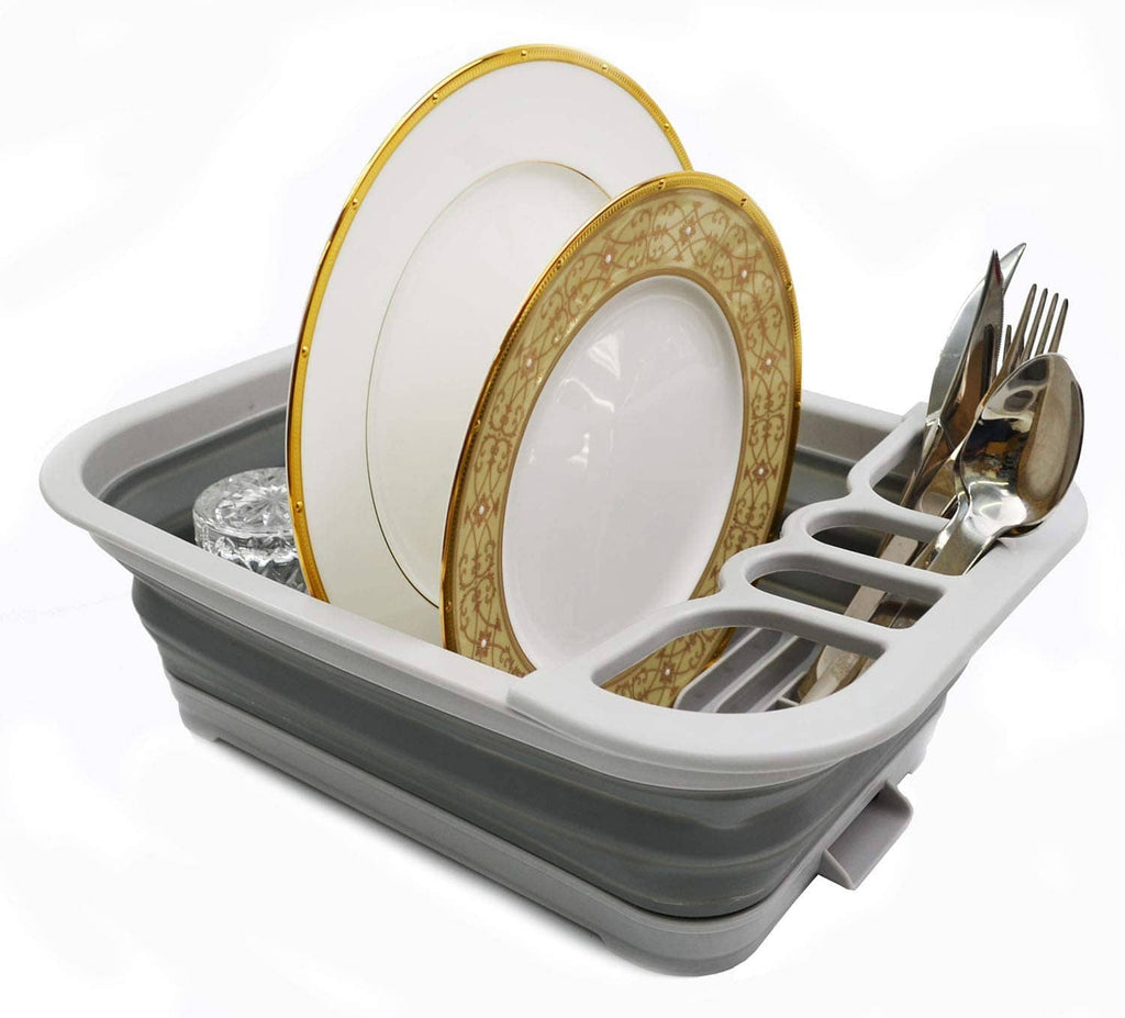 Gray collapsible dish drainer with foldable plate rack and cutlery holder