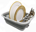 Gray collapsible dish drainer with foldable plate rack and cutlery holder