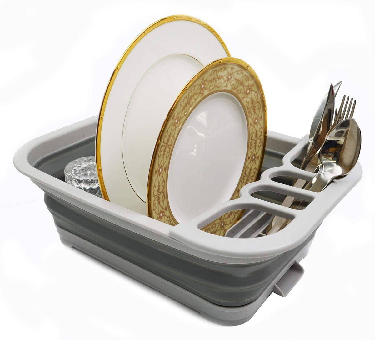 Gray collapsible dish drainer with foldable plate rack and cutlery holder