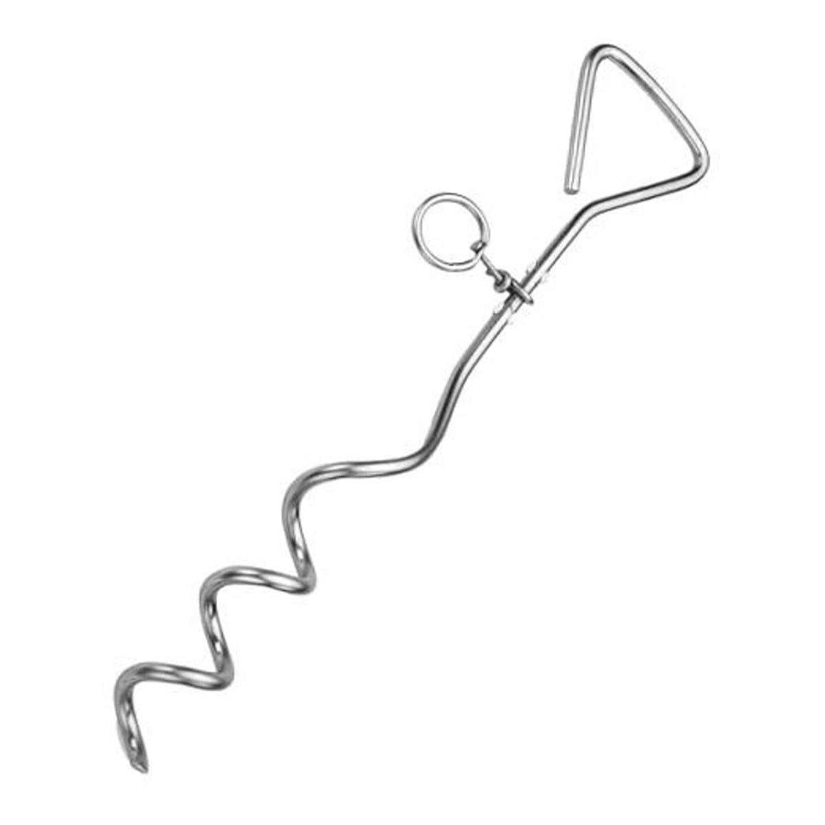 Chrome metal dog tie-out stake with spiral coil, eye ring, and U-shaped top