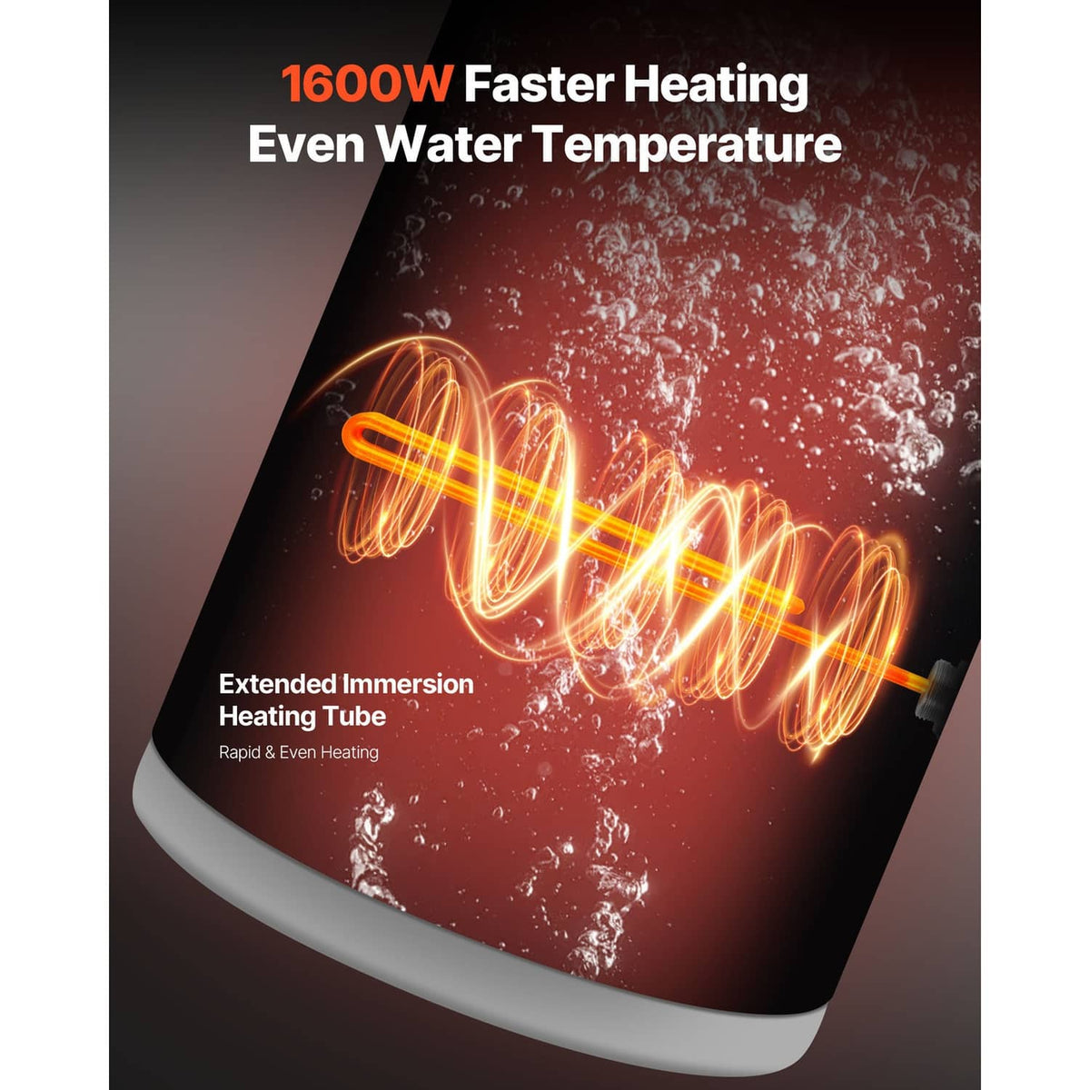 Electric water heater heating tube graphic with 1600W fast heating and water temperature effect