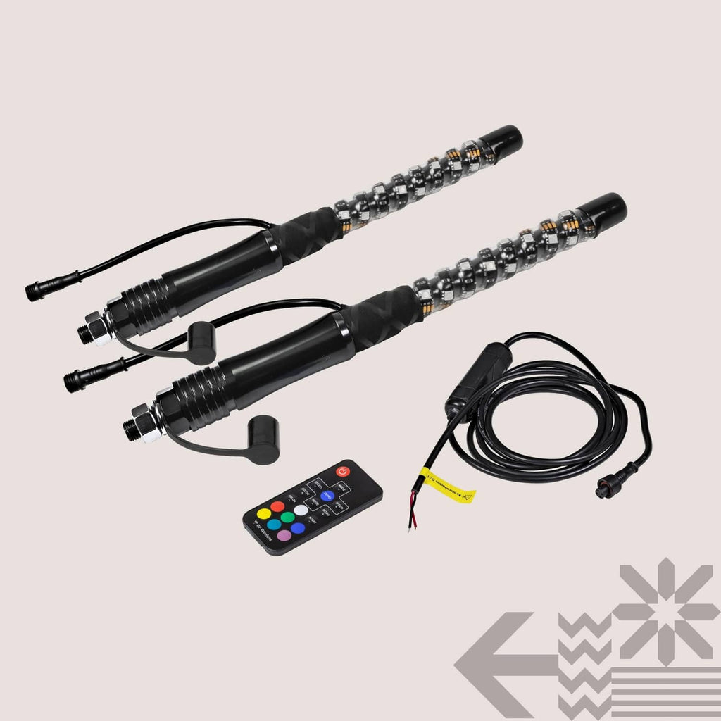 Spiral LED whip light set with black bases, remote controller, and power cables