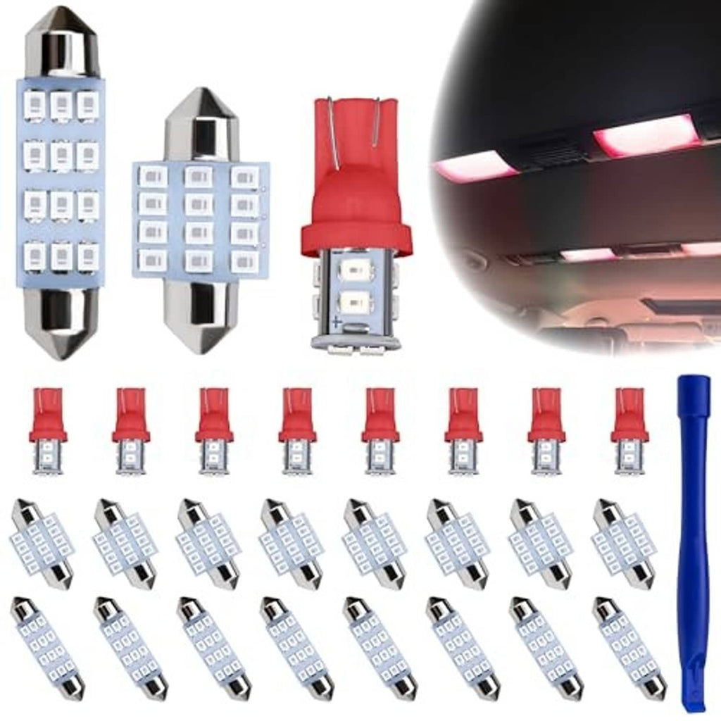 Set of red T10 LED interior bulbs with white chip boards and silver base tips