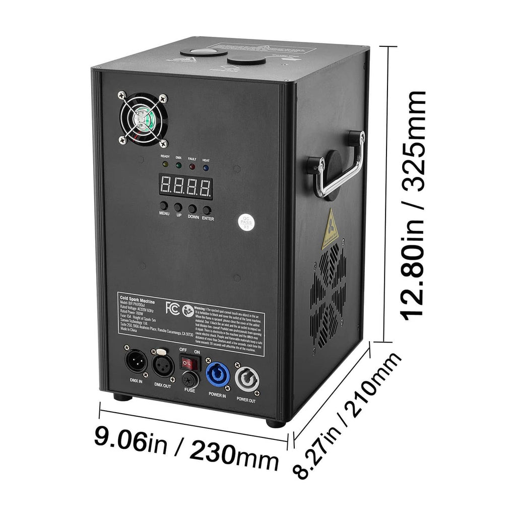 Black cold spark machine rear view with control ports and size measurements