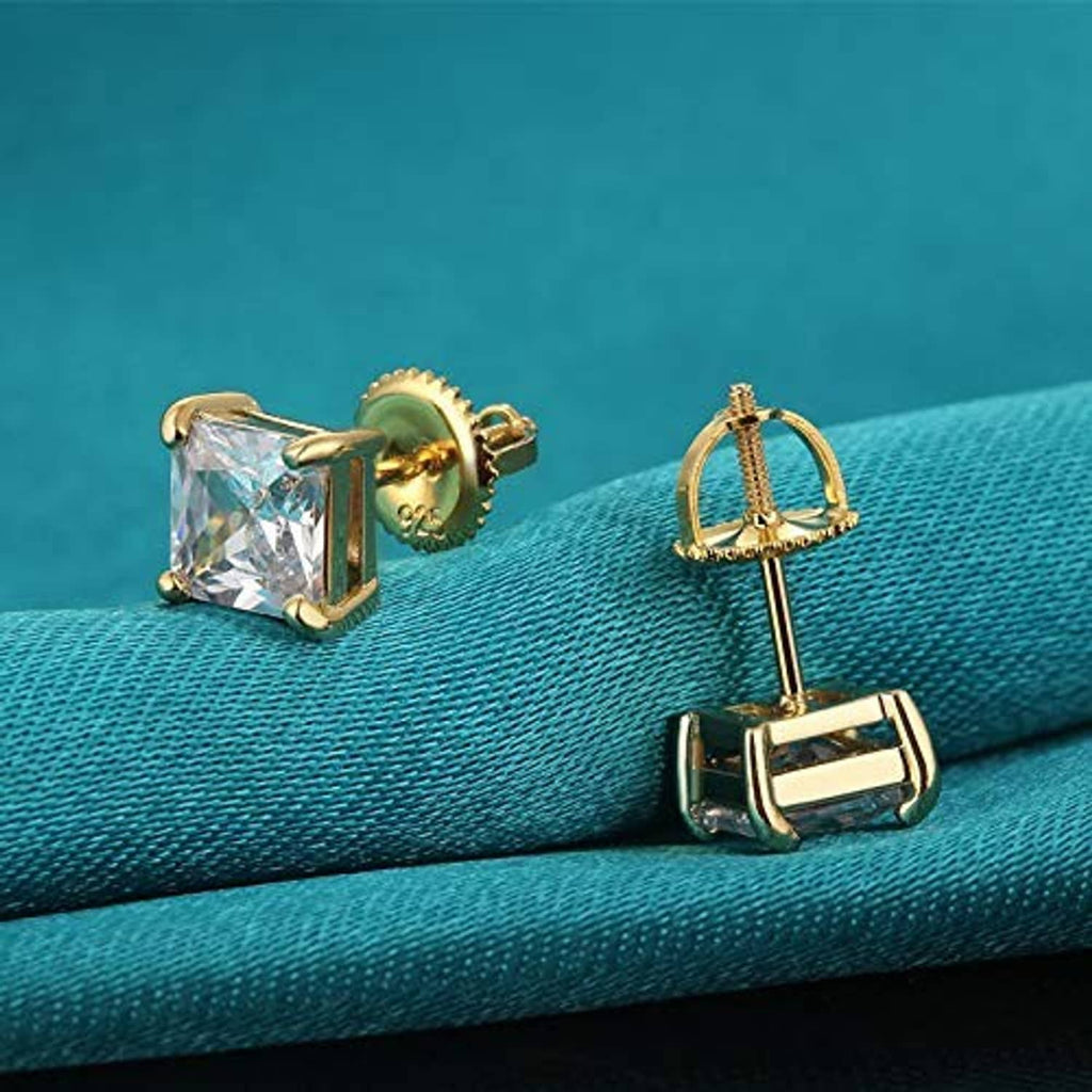 Gold screw earring backs with posts attached to square crystal stud earrings