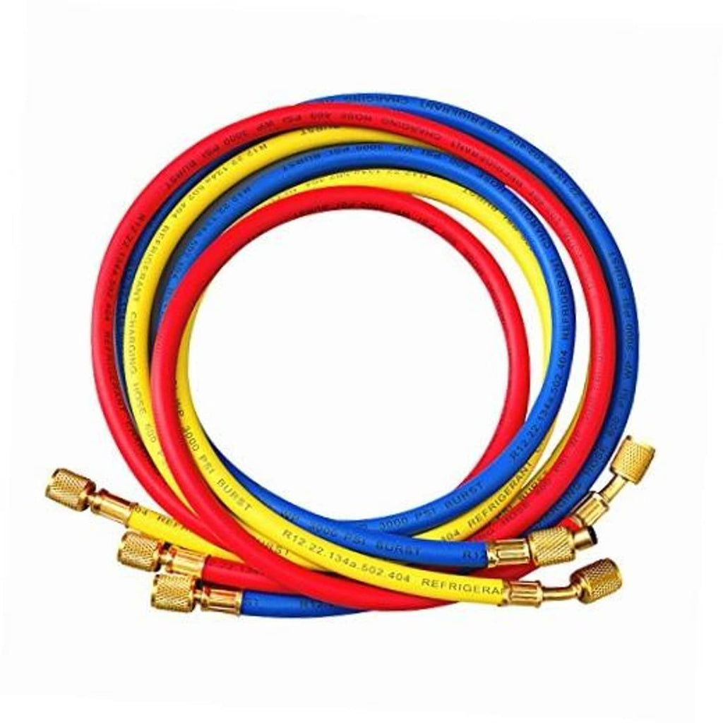 Color-coded refrigerant charging hose set with brass fittings and red, blue, yellow hoses
