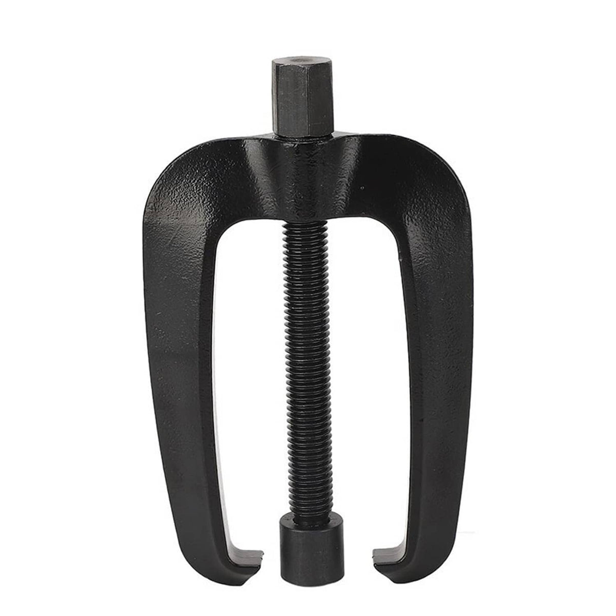 Black steering support bracket puller with U-shaped frame and central threaded post