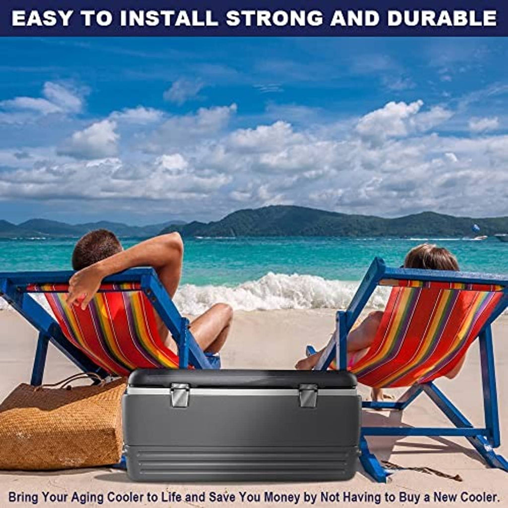 Stainless steel hinge and latch set on a cooler during outdoor use
