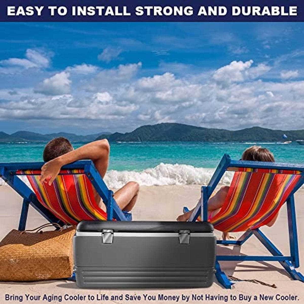 Stainless steel hinge and latch set on a cooler during outdoor use