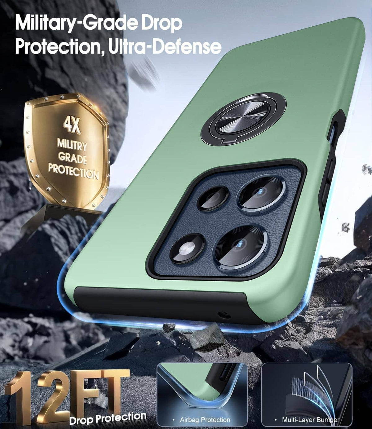 Mint green rugged phone case with ring holder and reinforced corner protection