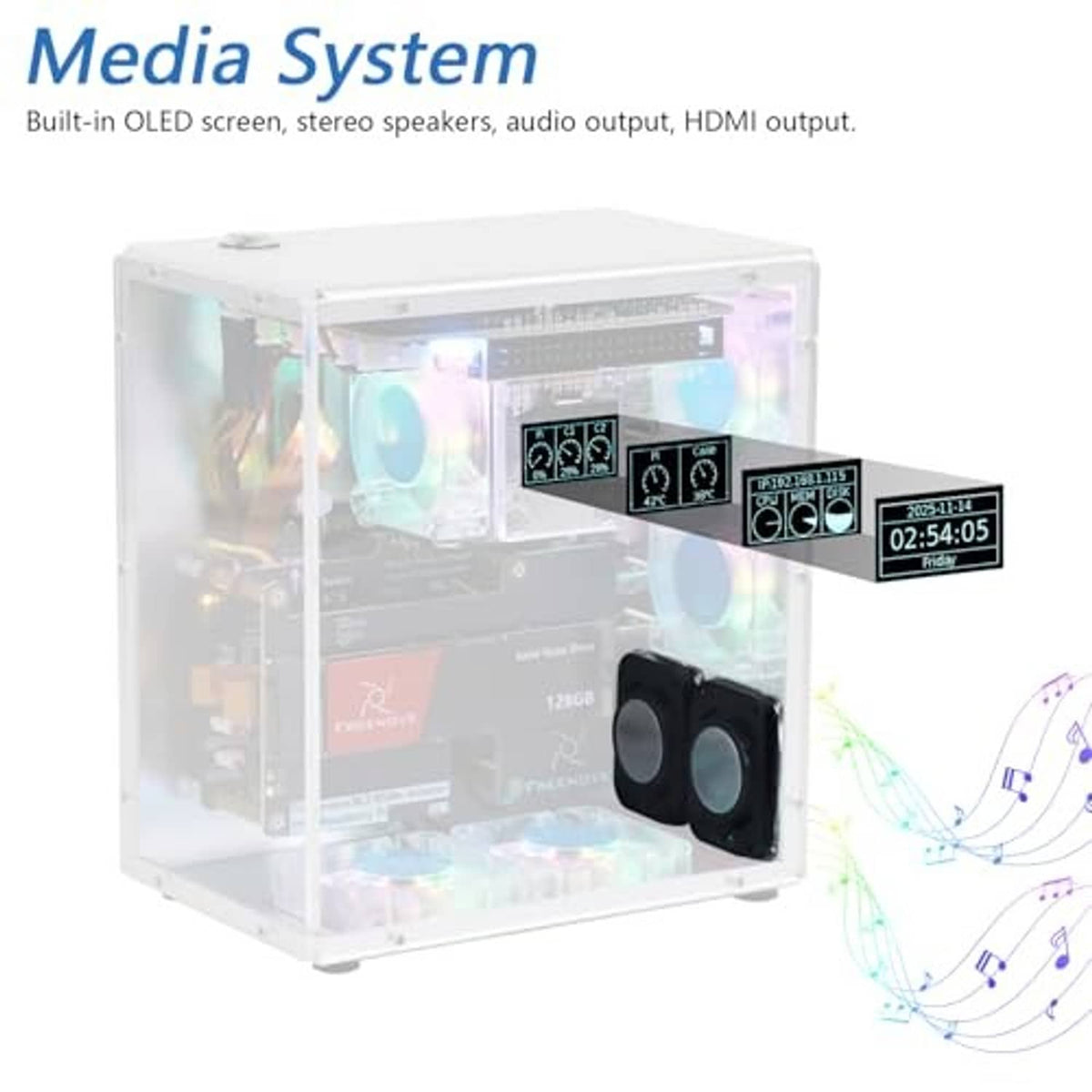 Transparent PC case with OLED display area, stereo speakers, and RGB fans inside