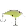 Lime green crankbait fishing lure with diving bill and two treble hooks