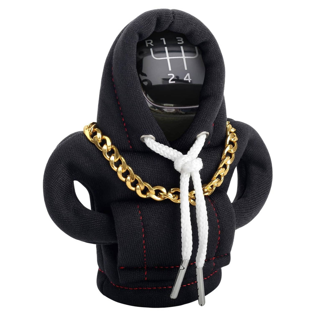 Black gear shift knob hoodie cover with hood opening, gold chain, and white lace ties