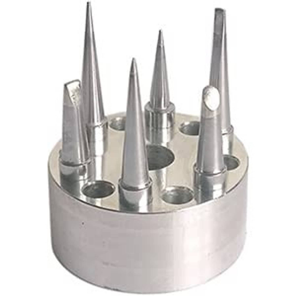 Round metal holder with assorted silver conical soldering iron tips