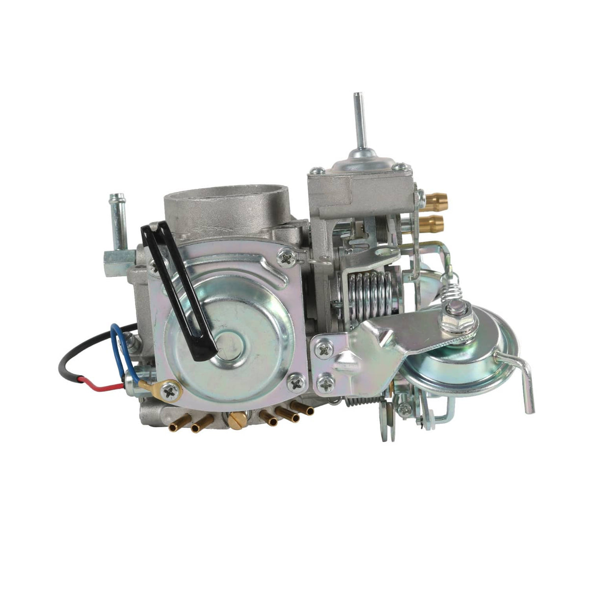 Carburetor assembly with throttle linkage and air intake components, metallic silver
