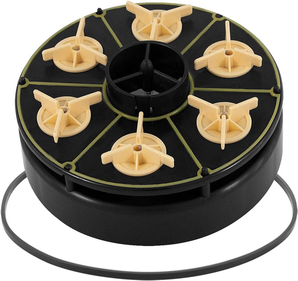 Front view of 6-port water valve module with six beige impellers and black base