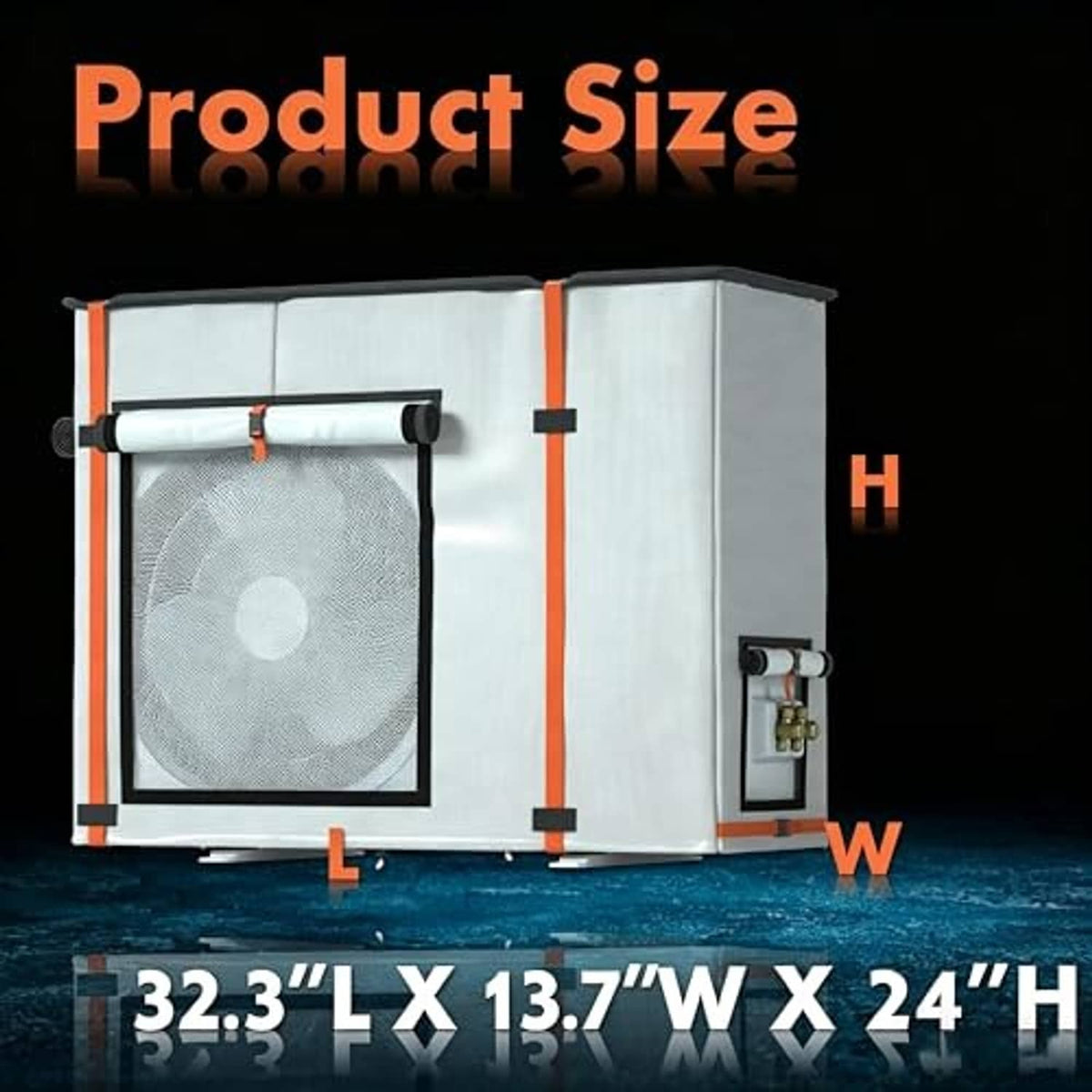 Beige outdoor mini split air conditioner cover with front mesh window and side access opening