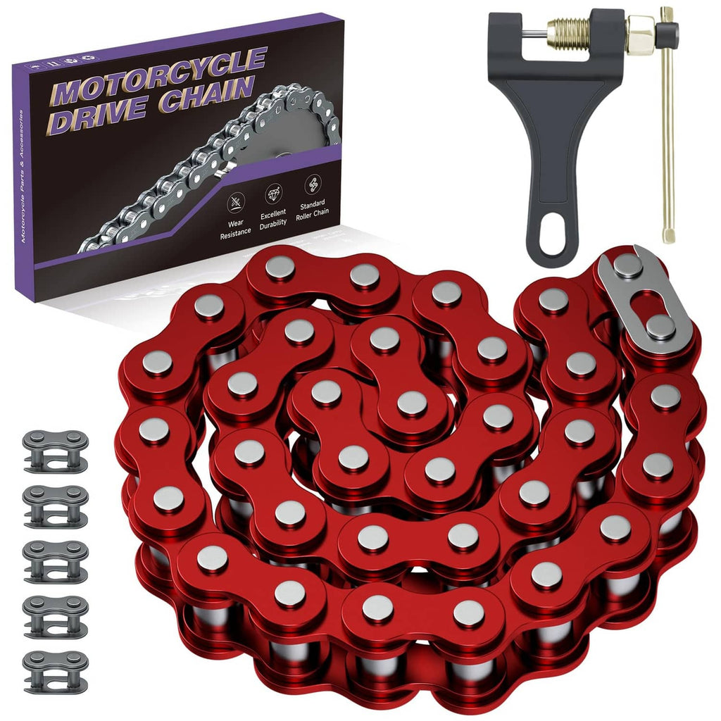 Red 420 drive chain with 32 links, metal roller chain with silver pins
