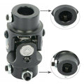Black universal steering single U-joint shaft with splined end and mounting bolts