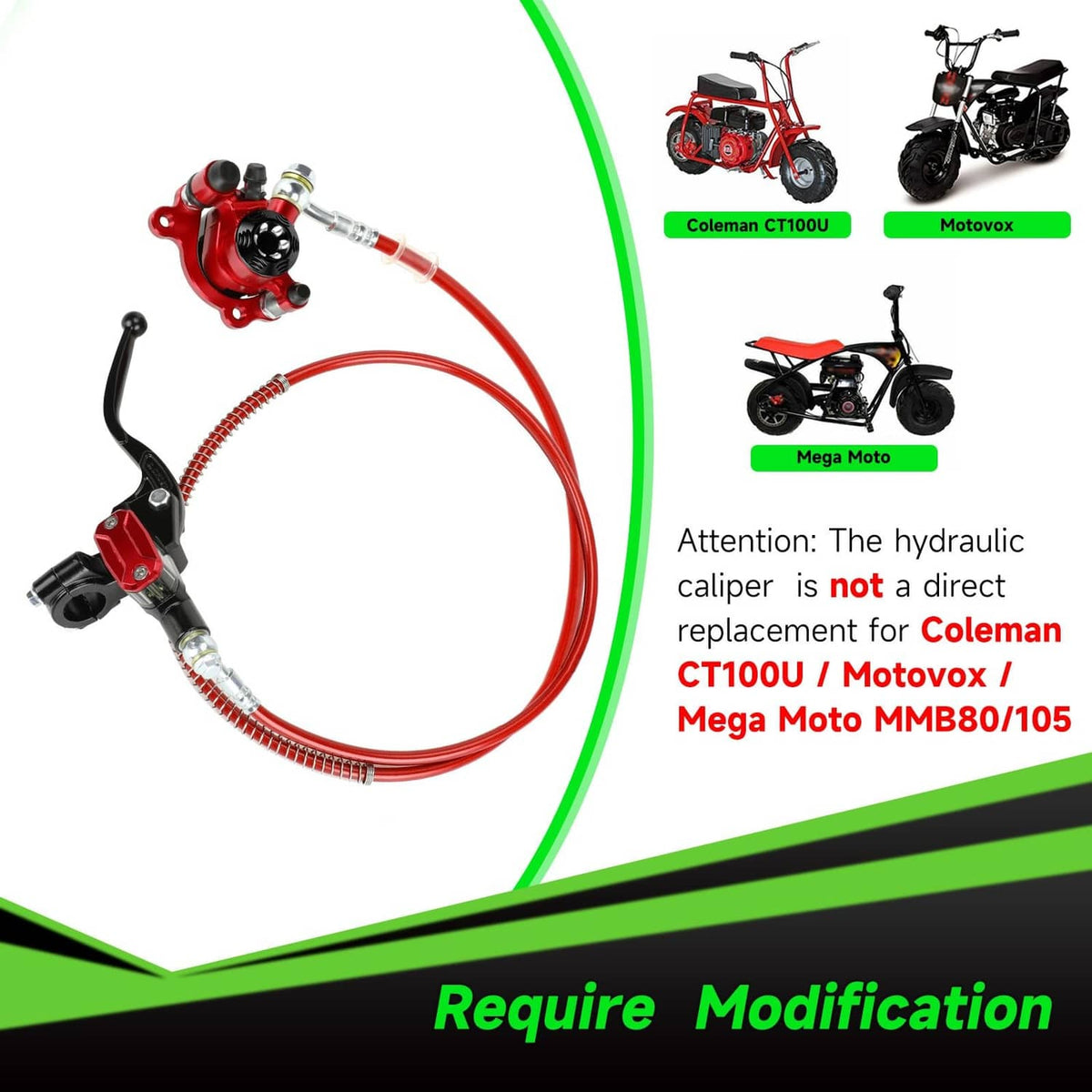 Hydraulic brake caliper and lever with red brake hose for mini bike installation